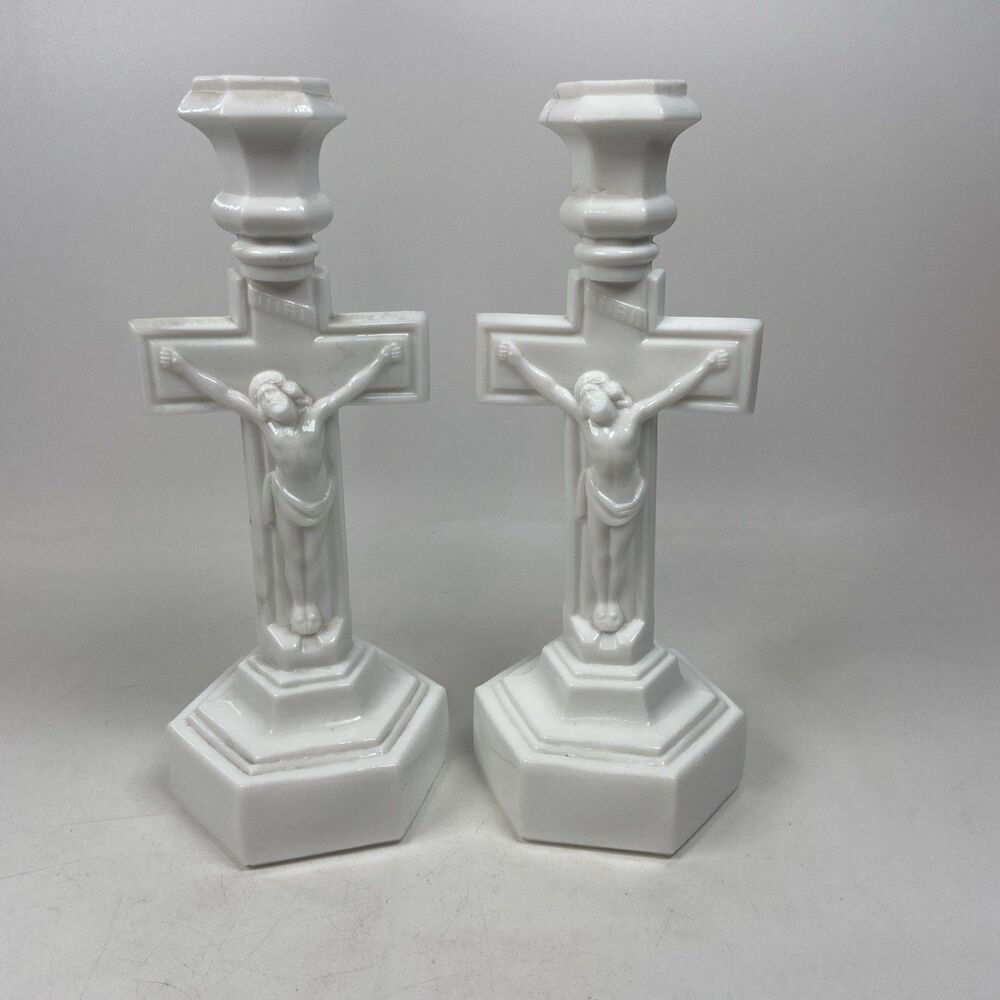 Vintage Milk Glass Crucifix Candlestick Holders Pair Jesus INRI 11” Altar